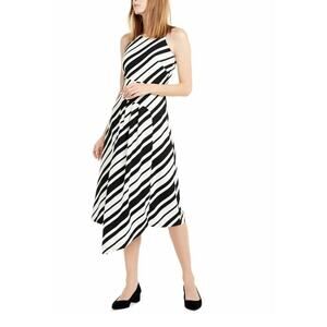 NWOT Alfani Women's 8 Sleeveless Midi Pleated Asymmetrical-Hem Dress White Black
